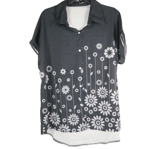 Tops - Women's Black Floral Print Short Sleeve Button Down Shirt 1XL